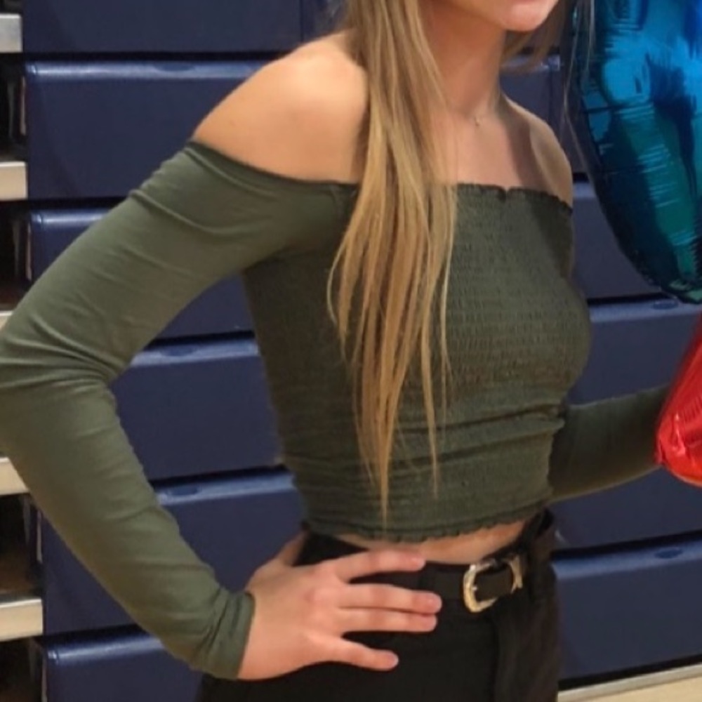 Off the shoulder green shirt